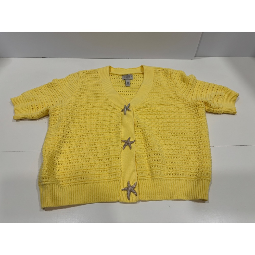 St. John's Bay Womens Yellow Short Sleeve Starfish Button Cardigan Sweater M